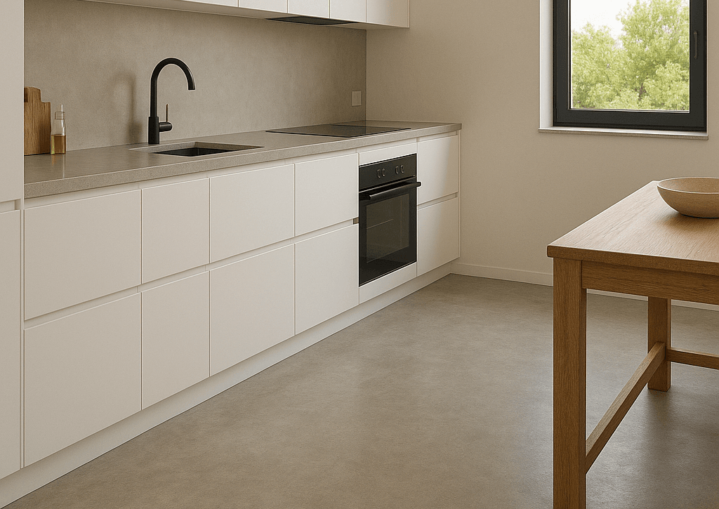 cocina con suelo antideslizante de microcemento