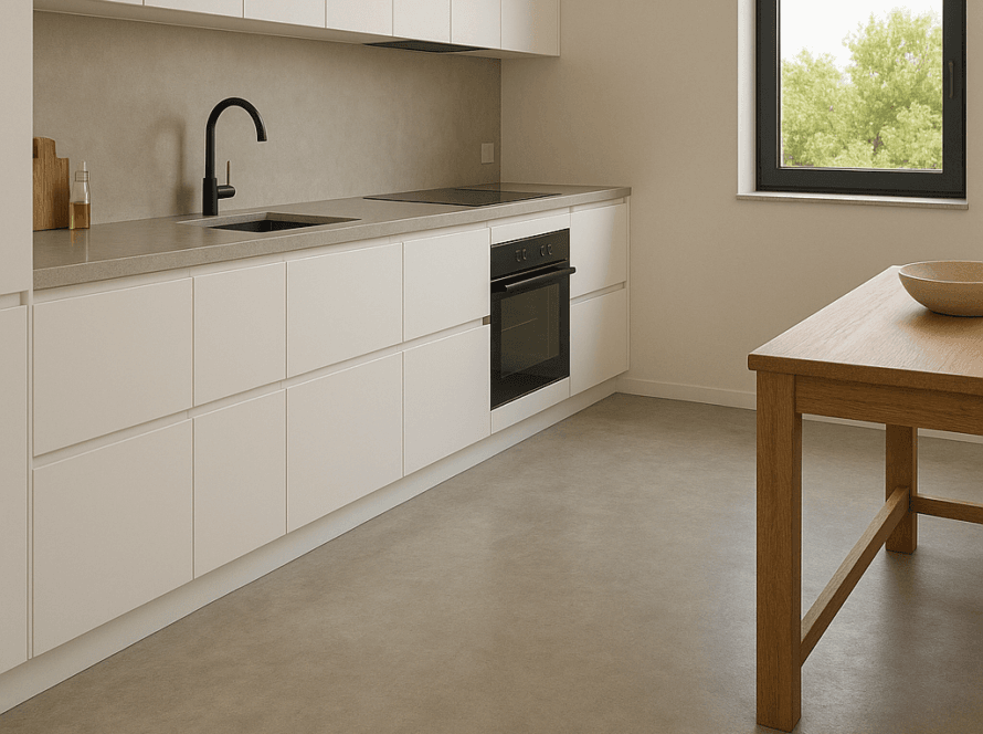 cocina con suelo antideslizante de microcemento